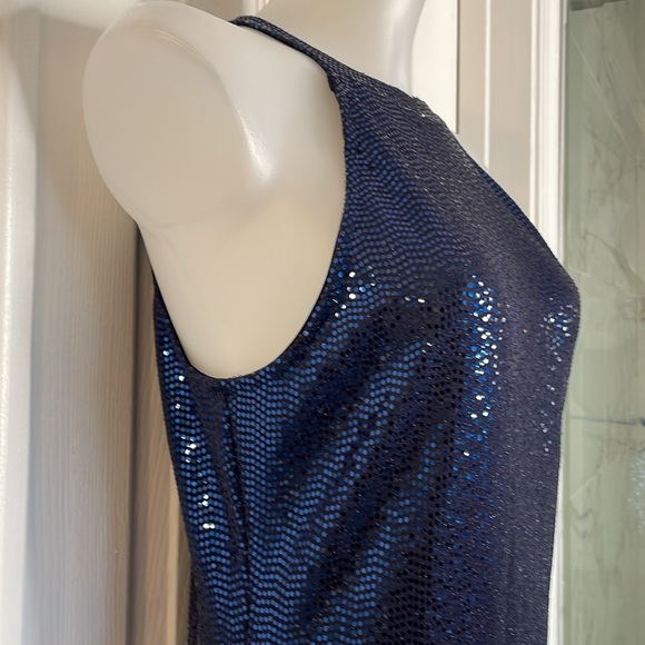 BEBE NAVY BLUE SPARKLY MOCK NECK HALTER DISCO DOT BODYCON MIDI DRESS SIZE M NWOT - Picture 8 of 13